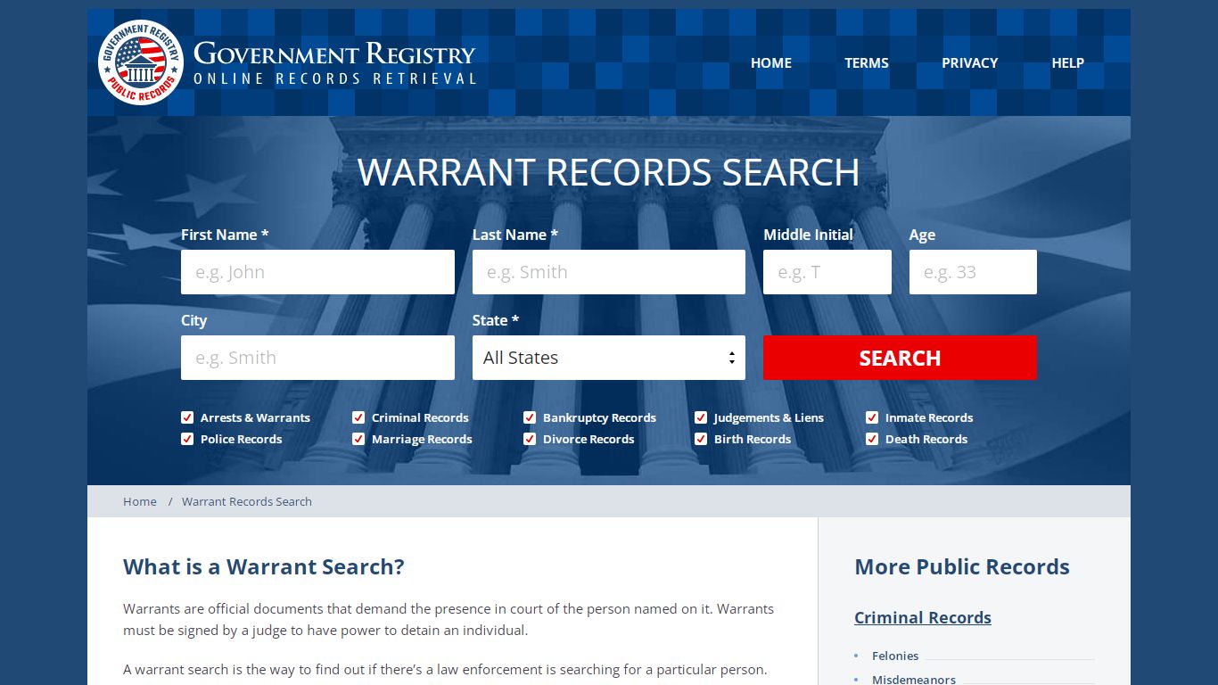 Warrants | Warrant Search | GovernmentRegistry.org