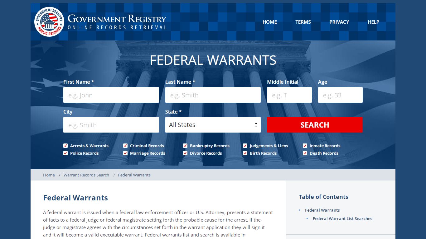 Federal Warrants | Federal Warrant List | GovernmentRegistry.org